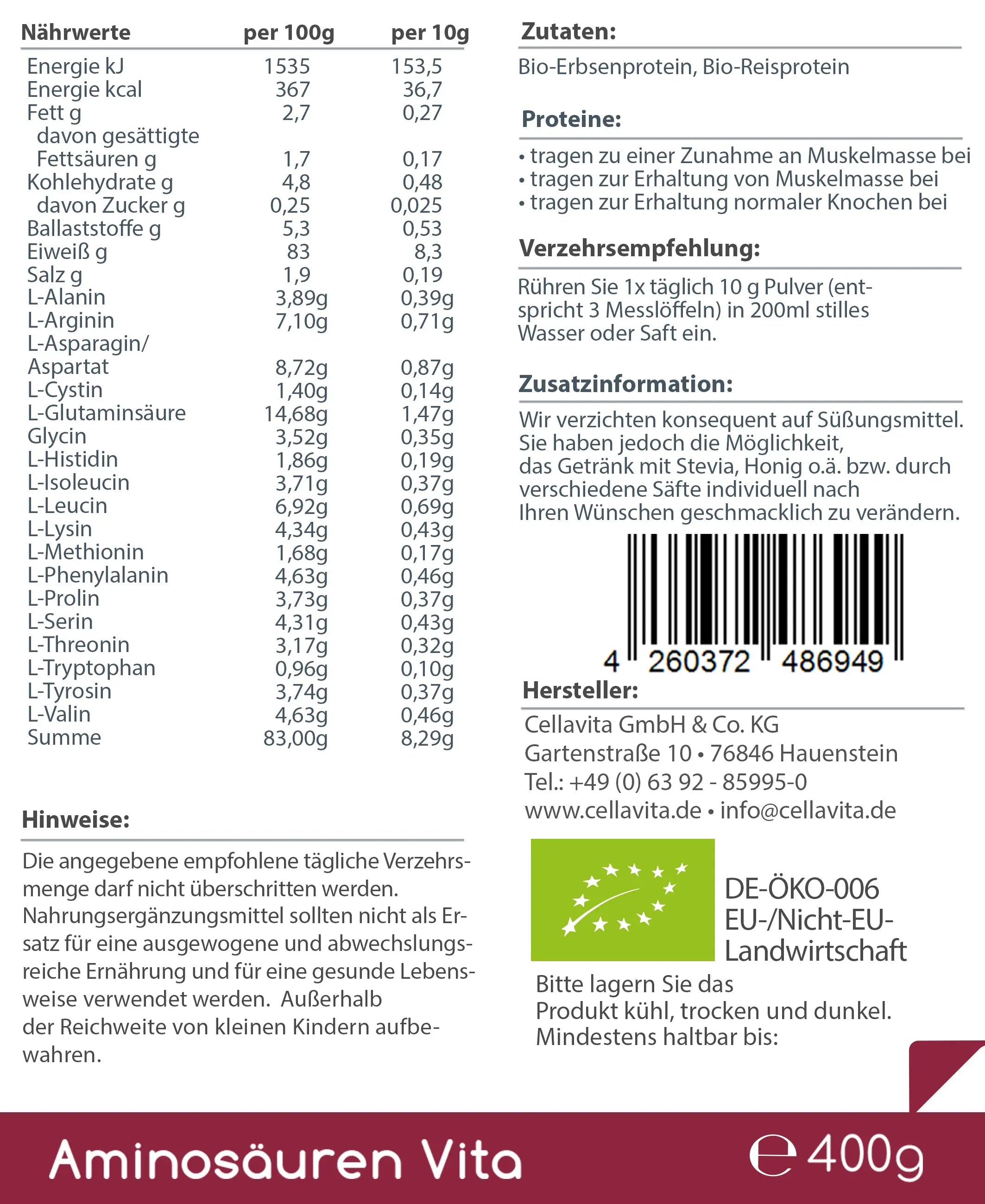 Aminosäuren Vita  nach Dr. Doepp BIO (400g) Cellavita GmbH & Co. KG - Sanoverde